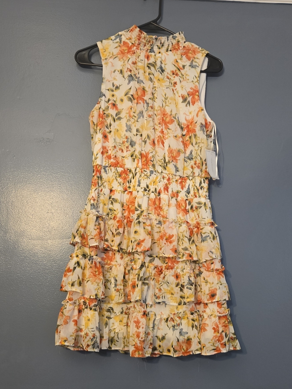 1. State Floral Ruffle Mini Dress in Cream, Orange and Yellow